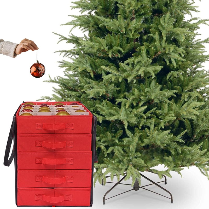 ProPik Christmas Ornament Storage Boxes with Dividers - 5 Separate Trays - Ornament Holder - Keeps 100 Holiday Ornaments - Durable Carrying Bag Handles Organizer Storage Box (Red) - Image 2